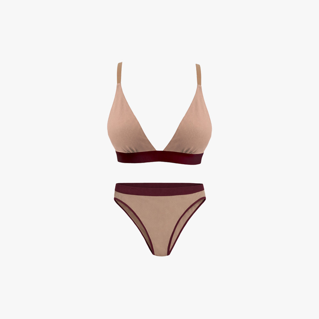 Triangle Bra + Elastic French Brief Set | Mocha with Wine Band