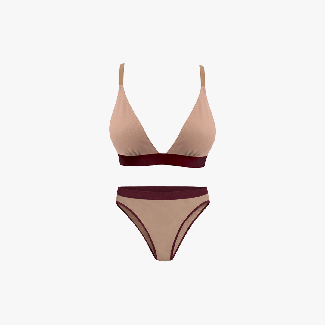Triangle Bra + Elastic French Brief Set | Mocha with Wine Band