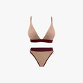 Triangle Bra + Elastic Thong Set | Mocha with Wine Band