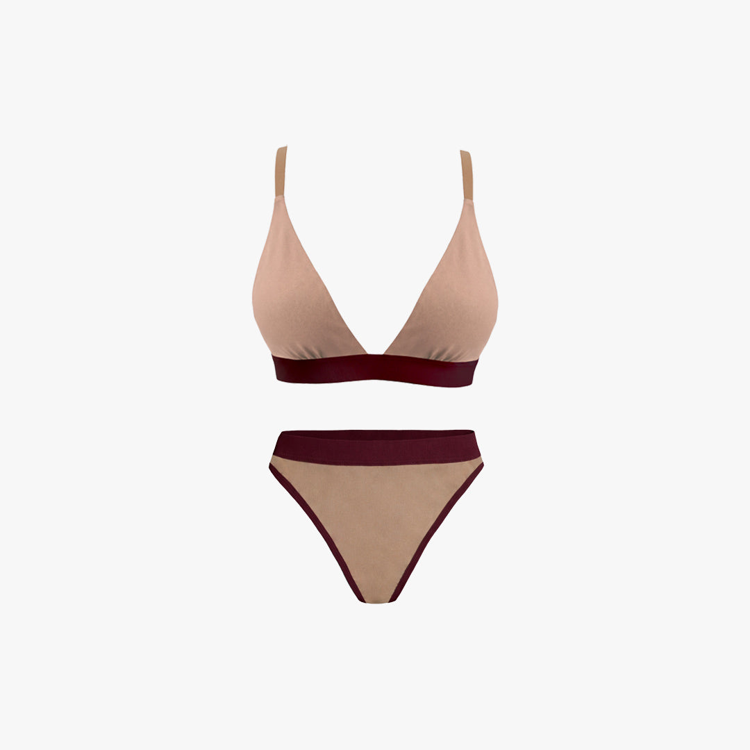 Triangle Bra + Elastic Thong Set | Mocha with Wine Band
