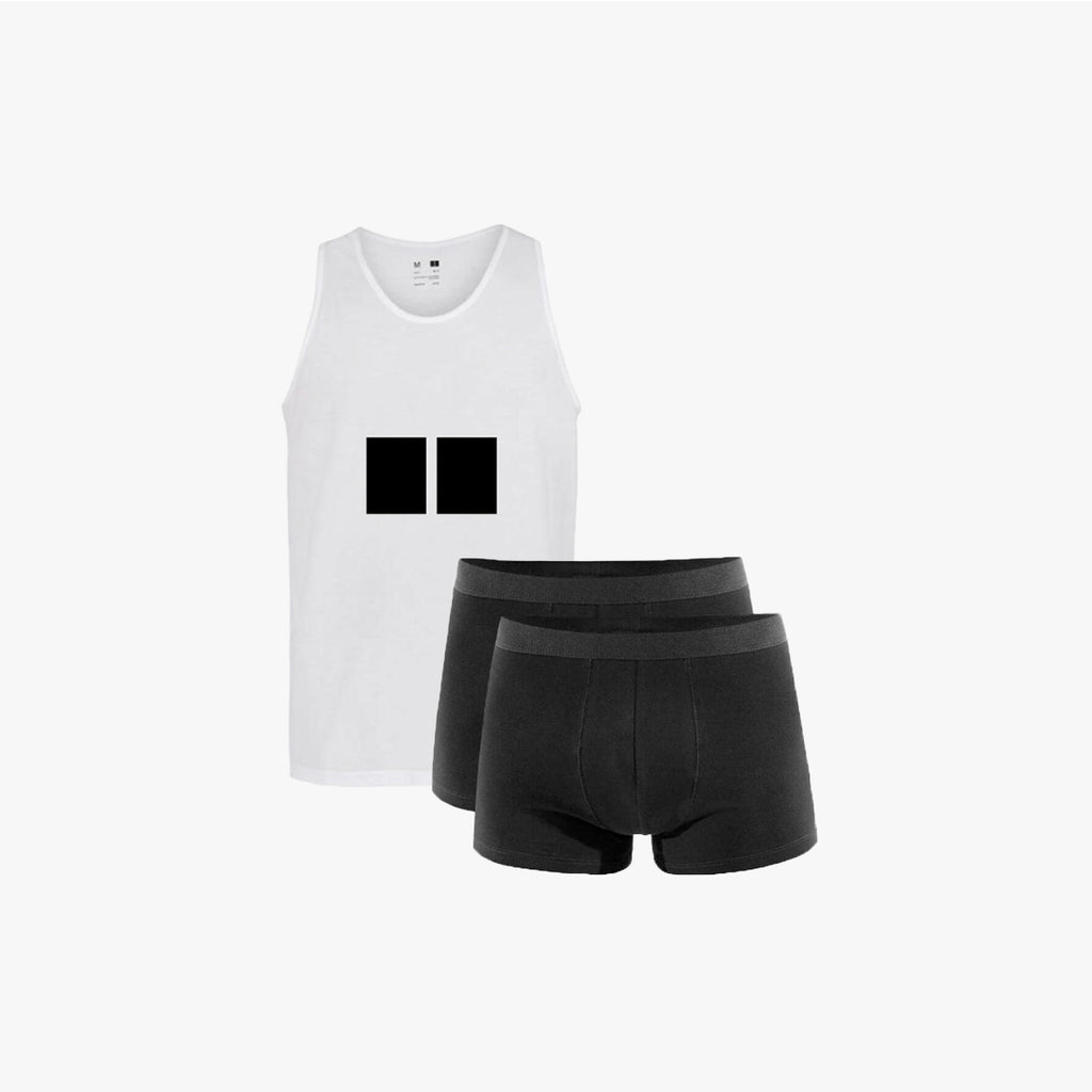 Black Printed Cotton Undershirt + 2-Pack Plain Black Trunks