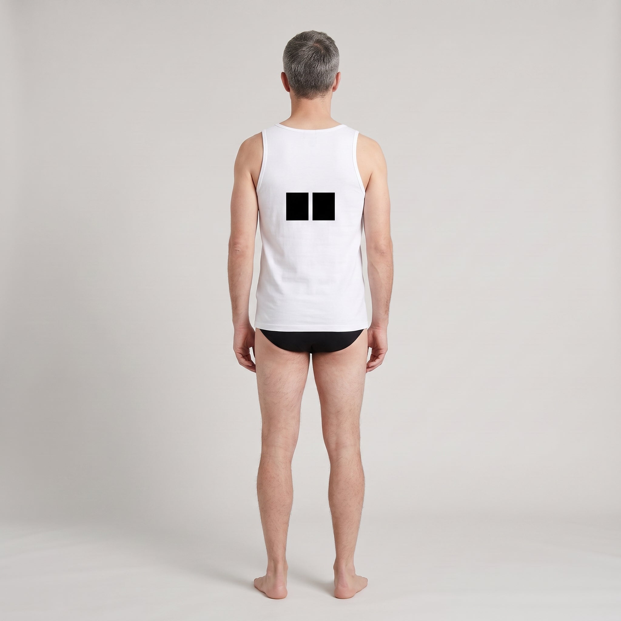 Black Printed Cotton Undershirt + 2-Pack Plain Black Briefs, worn, back view