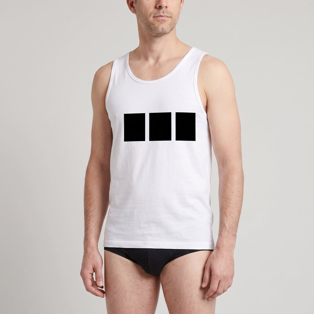 Black Printed Cotton Undershirt + 2-Pack Plain Black Briefs, worn, close-up