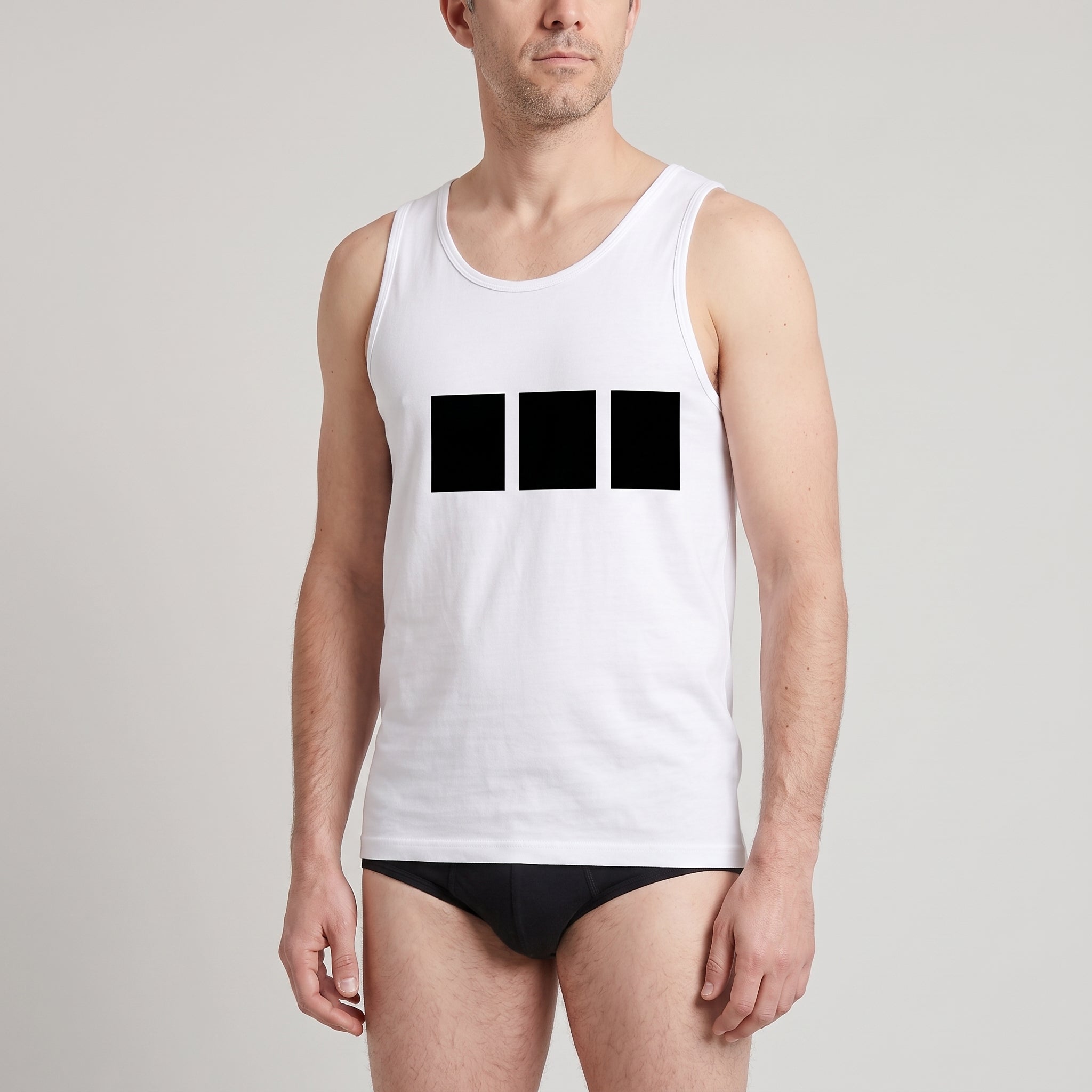 Black Printed Cotton Undershirt + 2-Pack Plain Black Briefs, worn, close-up