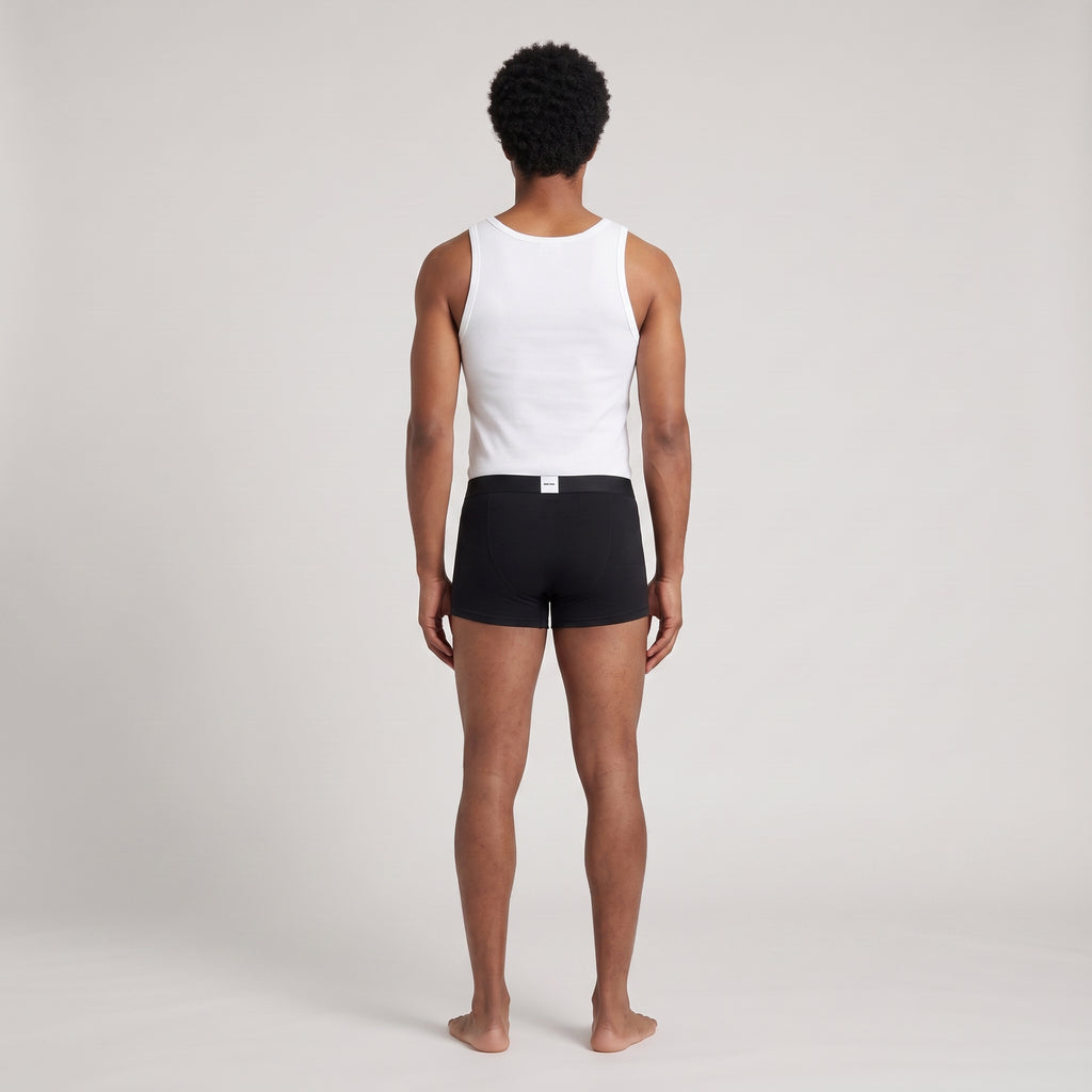 Black Printed Cotton Undershirt + 2-Pack Plain Black Trunks, worn, back view