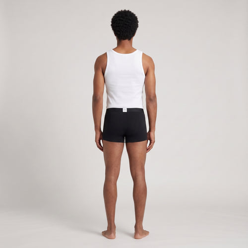 Black Printed Cotton Undershirt + 2-Pack Plain Black Trunks, worn, back view