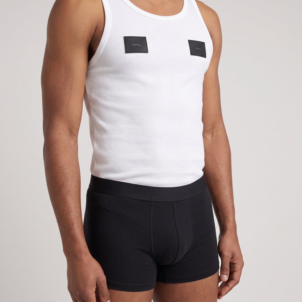 Black Printed Cotton Undershirt + 2-Pack Plain Black Trunks, worn, close-up