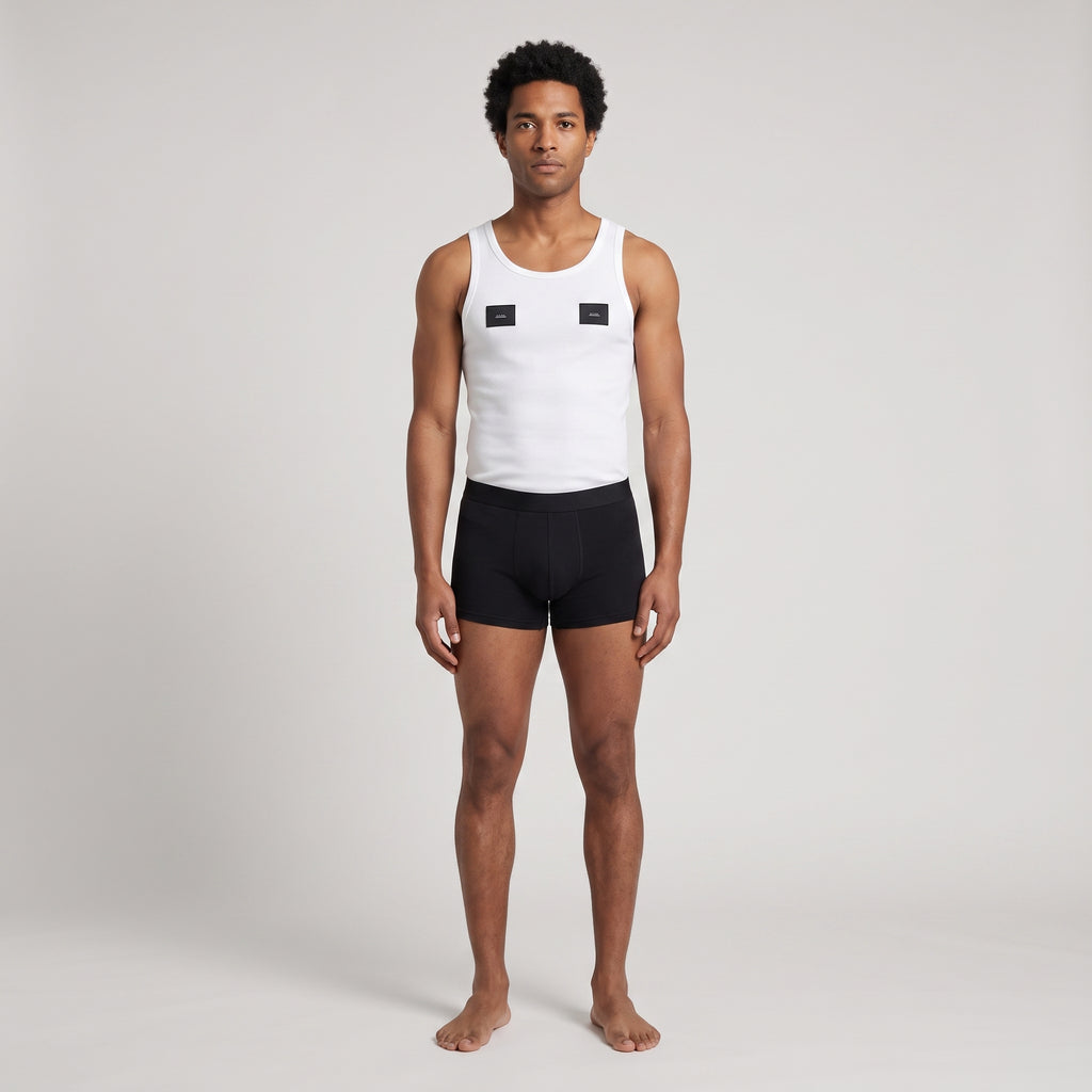 Black Printed Cotton Undershirt + 2-Pack Plain Black Trunks, worn, front view