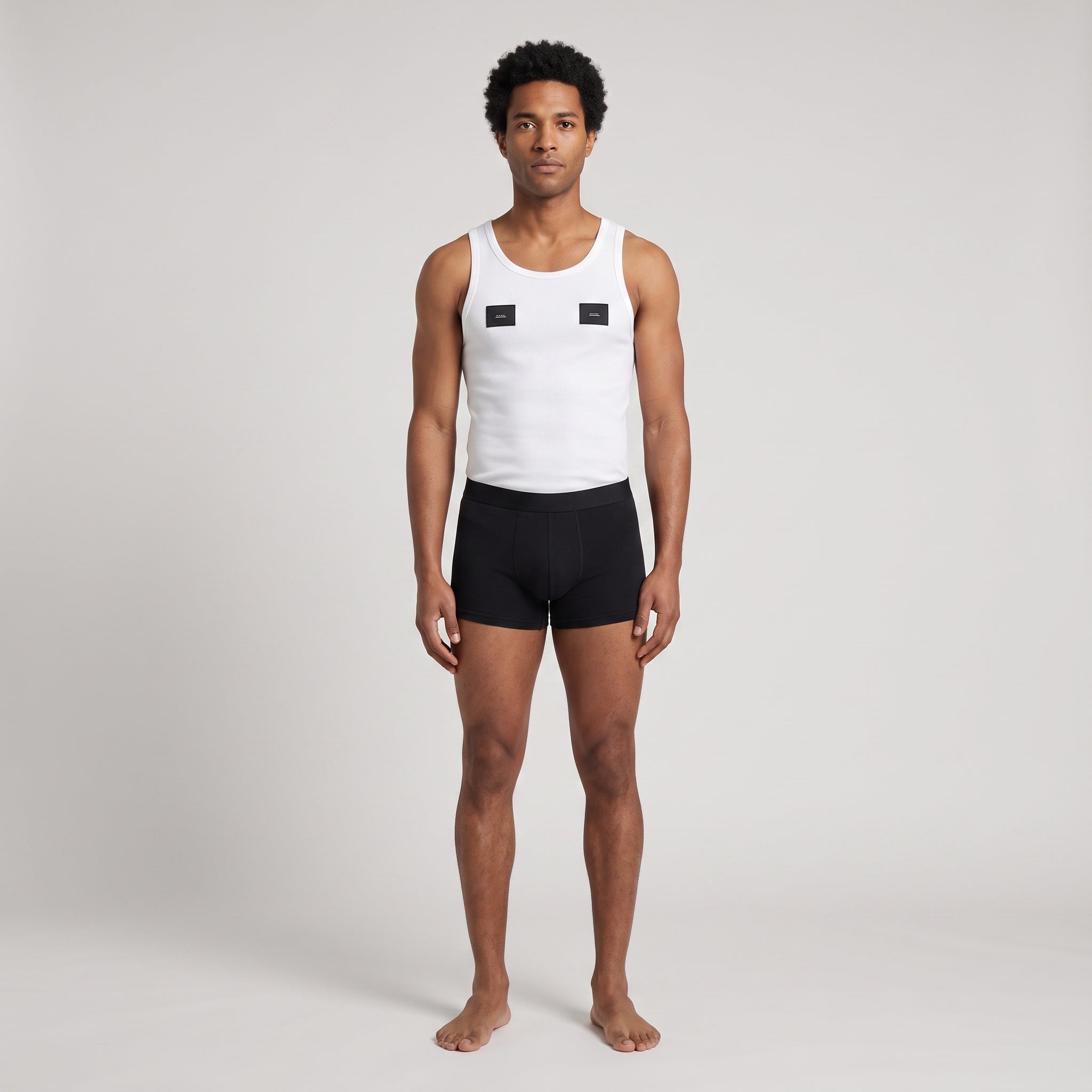 Black Printed Cotton Undershirt + 2-Pack Plain Black Trunks, worn, front view