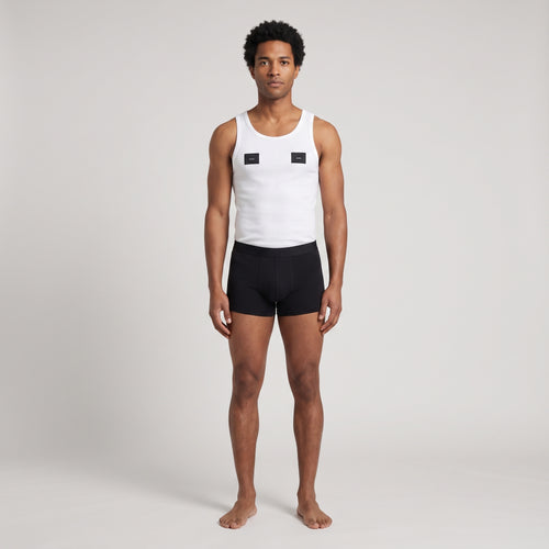 Black Printed Cotton Undershirt + 2-Pack Plain Black Trunks, worn, front view