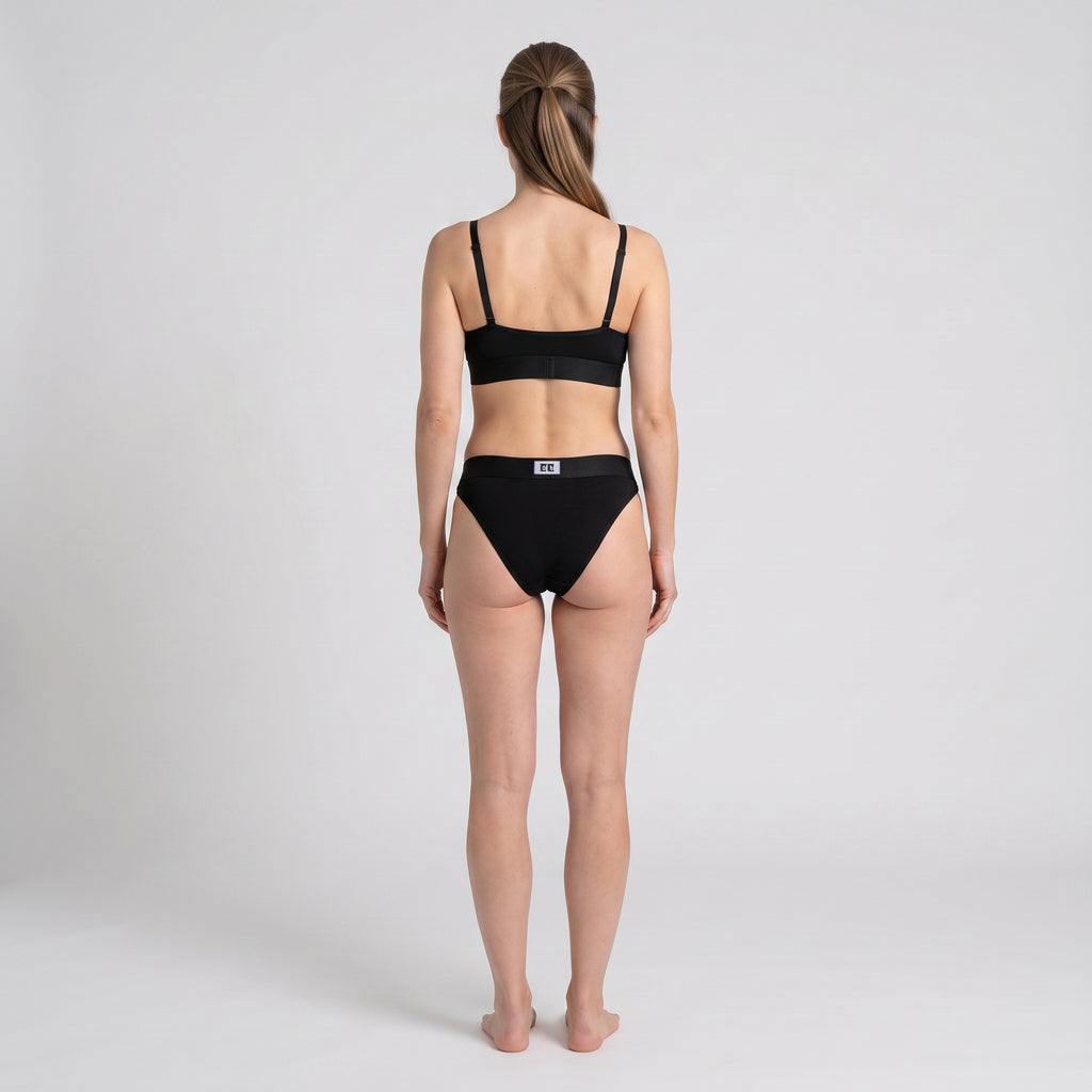 Cotton Thong + Elastic + Logo, worn, back view