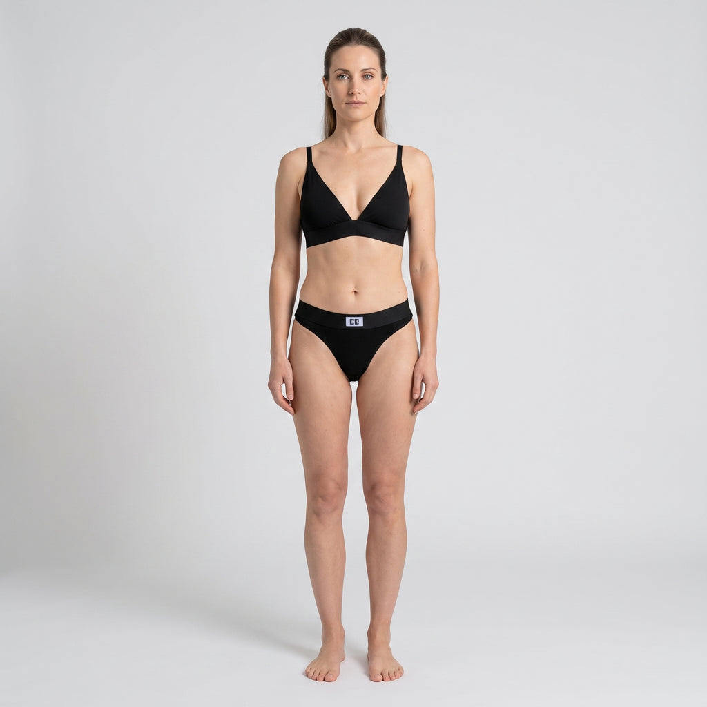 Cotton Thong + Elastic + Logo, worn, front view