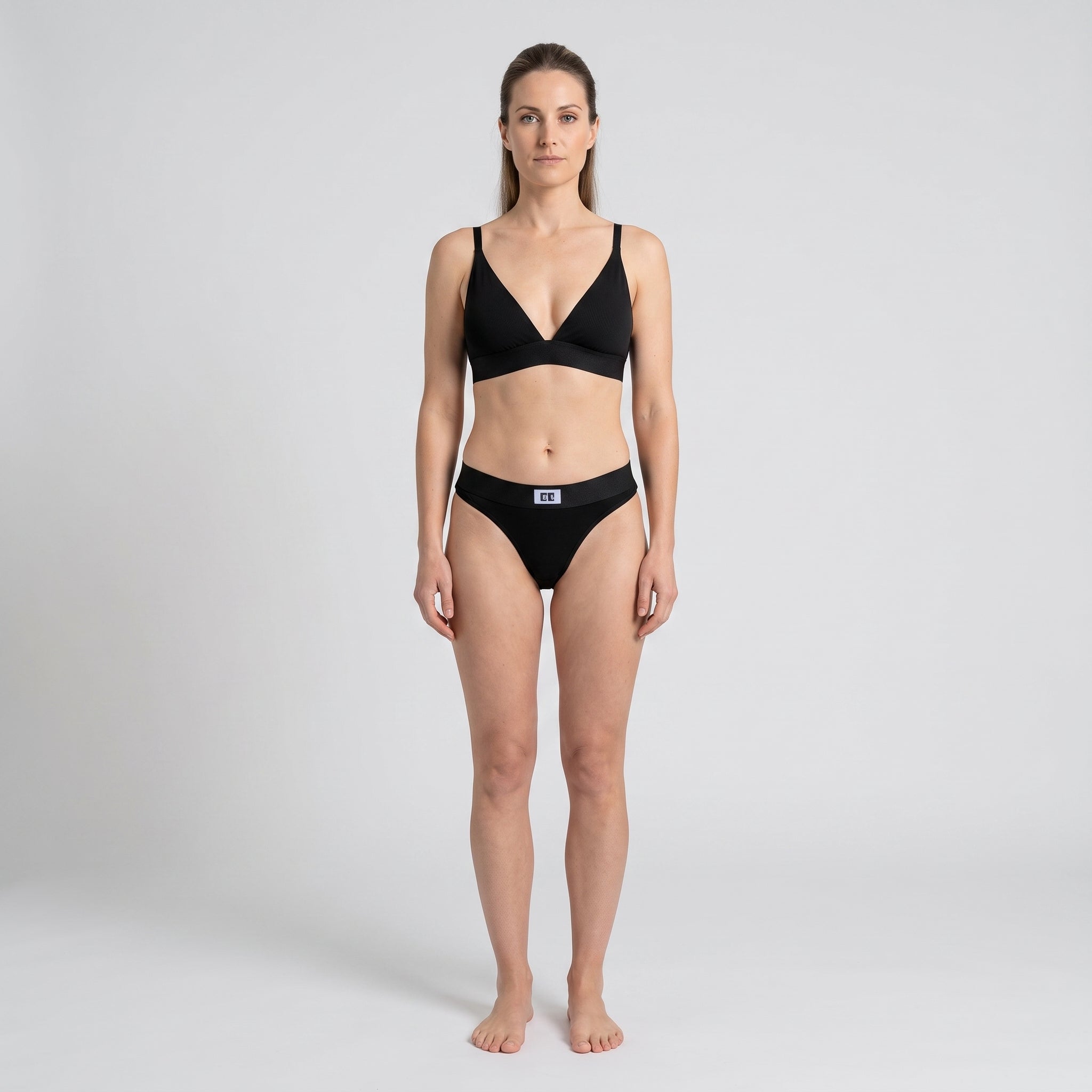 Cotton Thong + Elastic + Logo, worn, front view