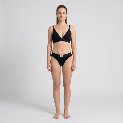Cotton Thong + Elastic + Logo, worn, front view