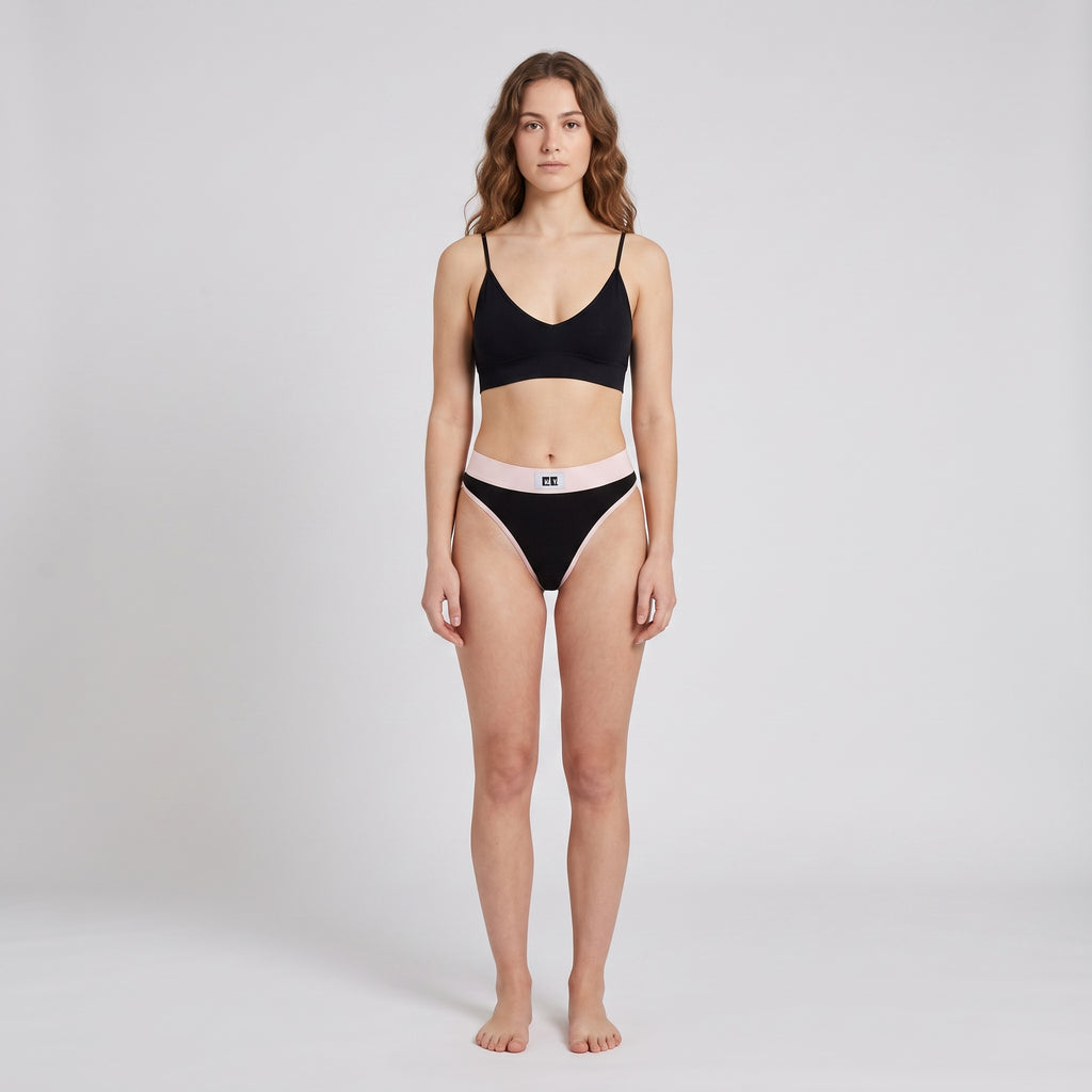 Cotton Thong + Elastic + Logo, worn, front view