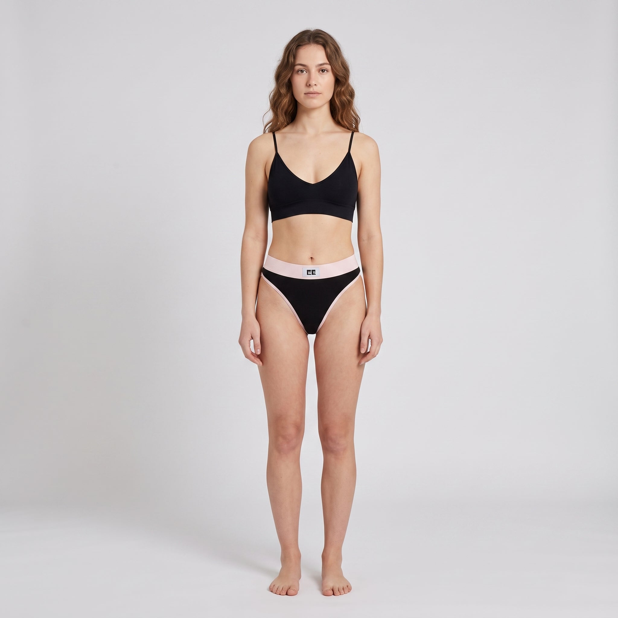 Cotton Thong + Elastic + Logo, worn, front view