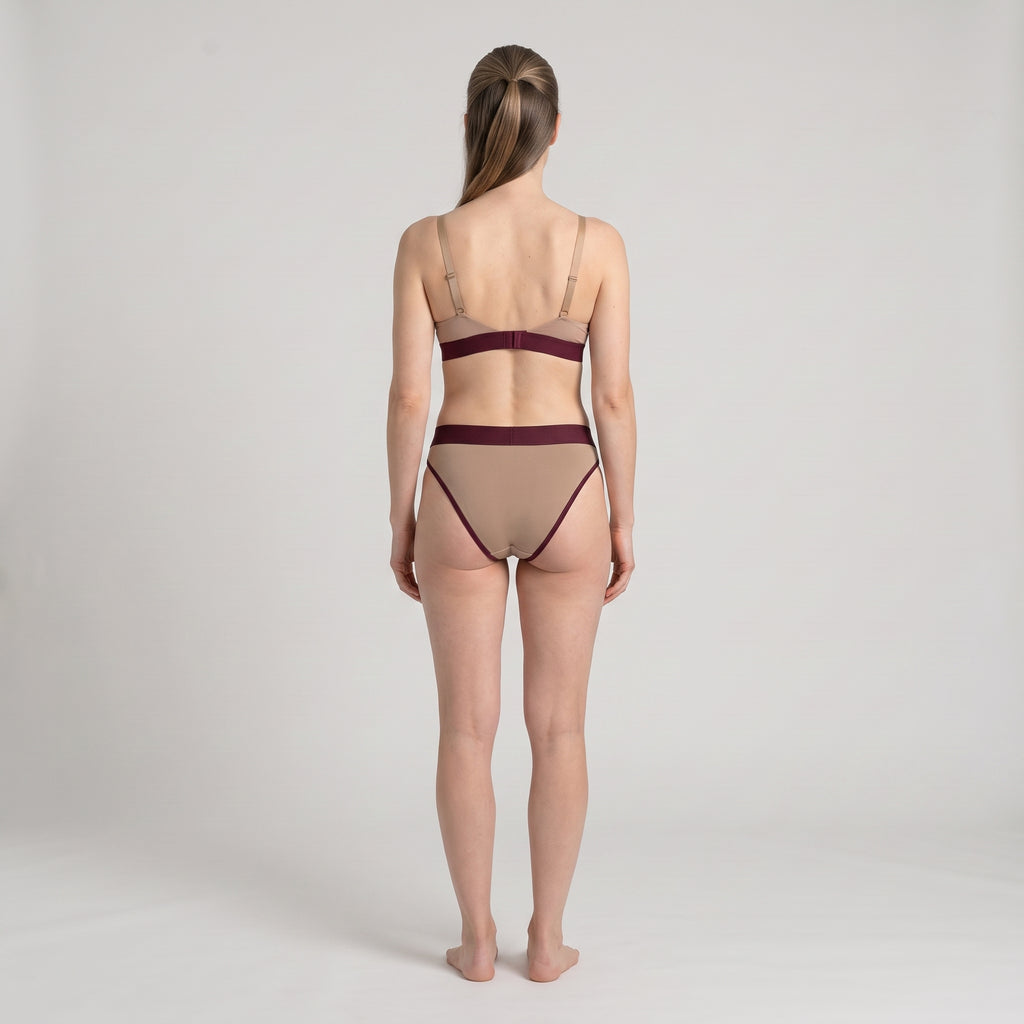 Elastic French Brief | Mocha with Wine Band, worn, back view