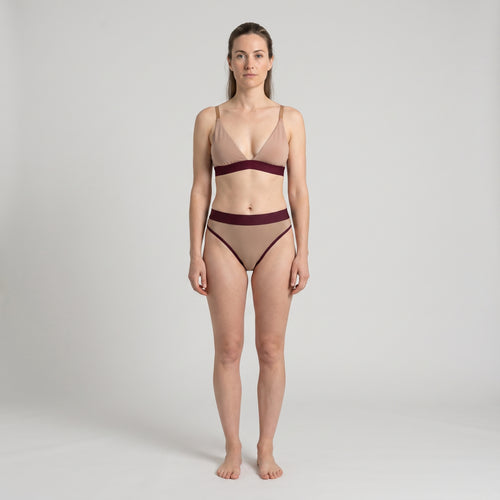 Elastic French Brief | Mocha with Wine Band, worn, front view