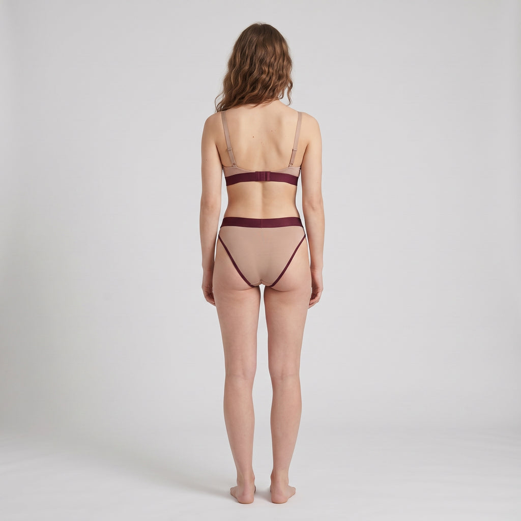 Elastic Thong | Mocha with Wine Band, worn, back view