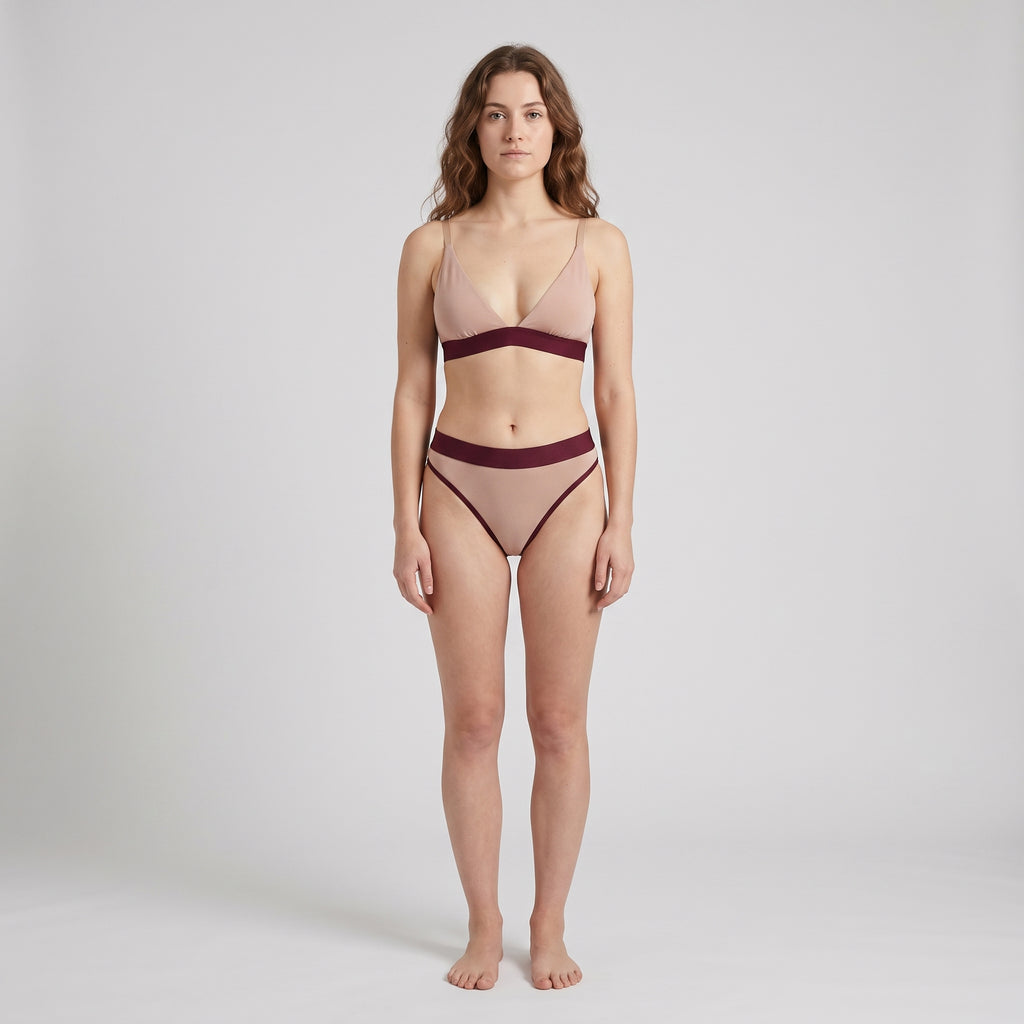 Elastic Thong | Mocha with Wine Band, worn, front view
