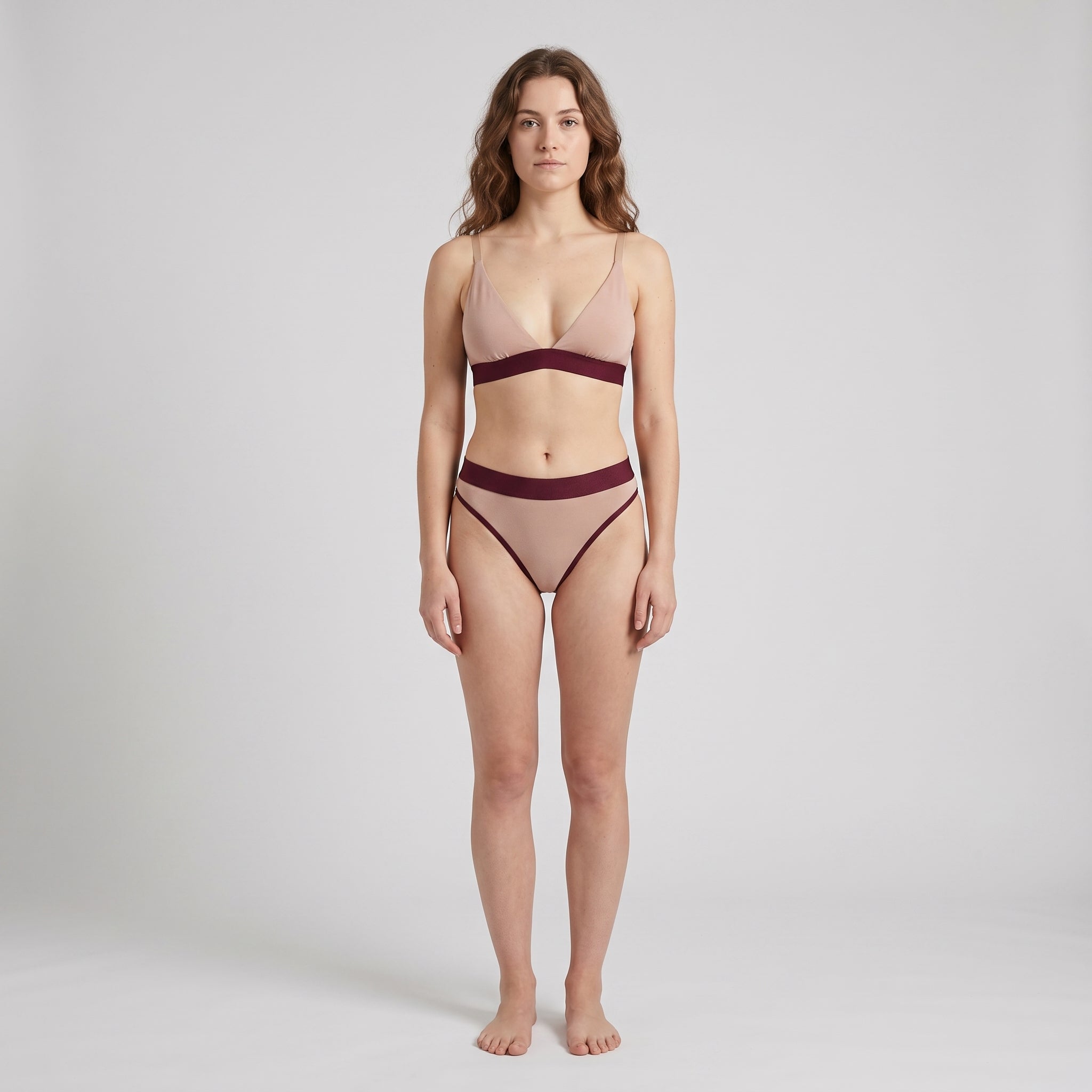 Elastic Thong | Mocha with Wine Band, worn, front view