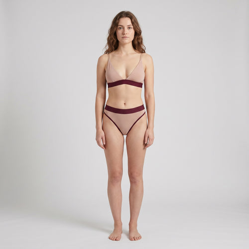 Elastic Thong | Mocha with Wine Band, worn, front view