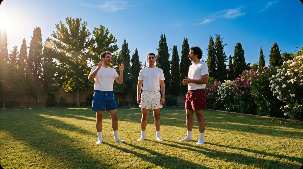 Three people on a lawn at golden hour, each in a different colourway of the KAYA x Mulehet cotton boxer