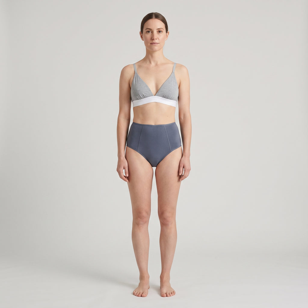 Plain Cotton High-Waist Brief | 3-Color Pack White, Peach, Slate, worn, front view