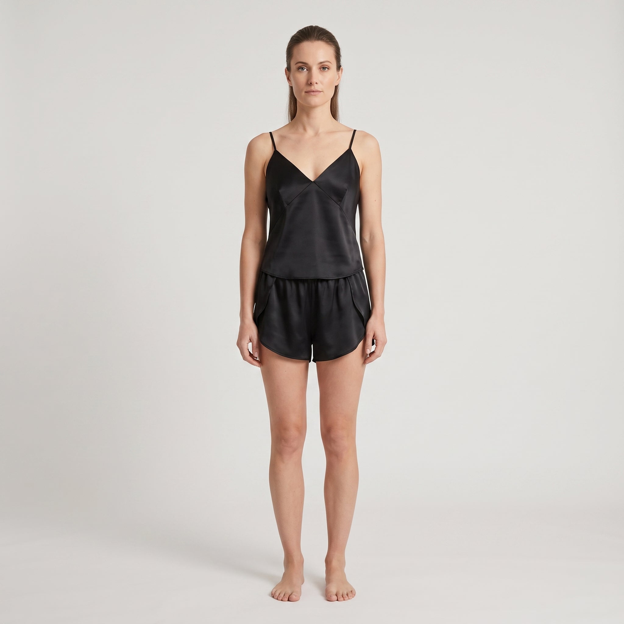 Plant-Based Silk Shorts, worn, front view