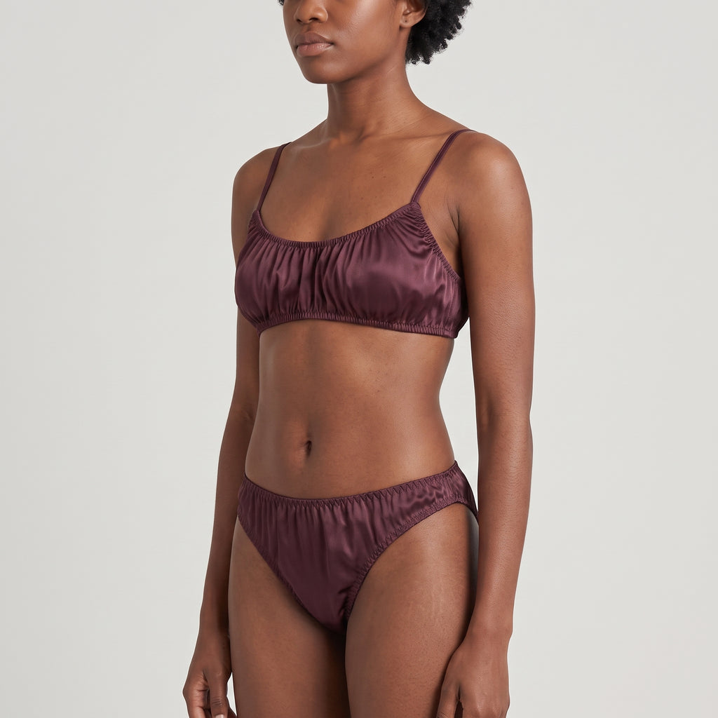 Silk Thong + Plain Bralette Set, worn, close-up