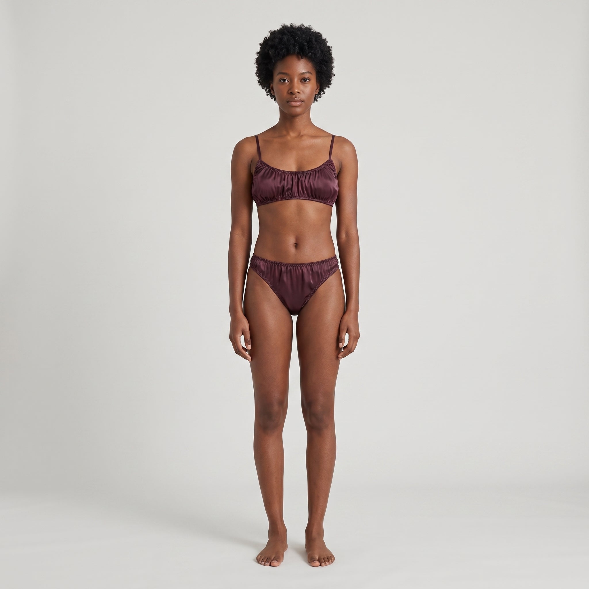 Silk Thong + Plain Bralette Set, worn, front view