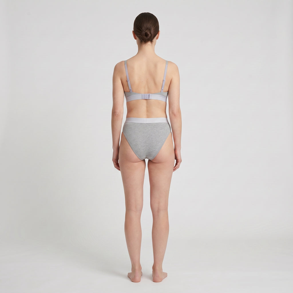 Triangle Bra + Elastic French Brief Set, worn, back view, second colourway