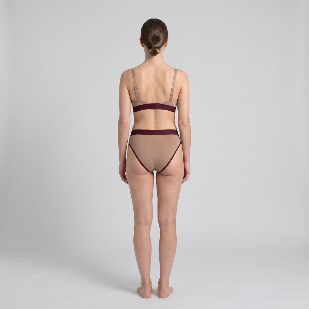 Triangle Bra + Elastic French Brief Set | Mocha with Wine Band, worn, back view