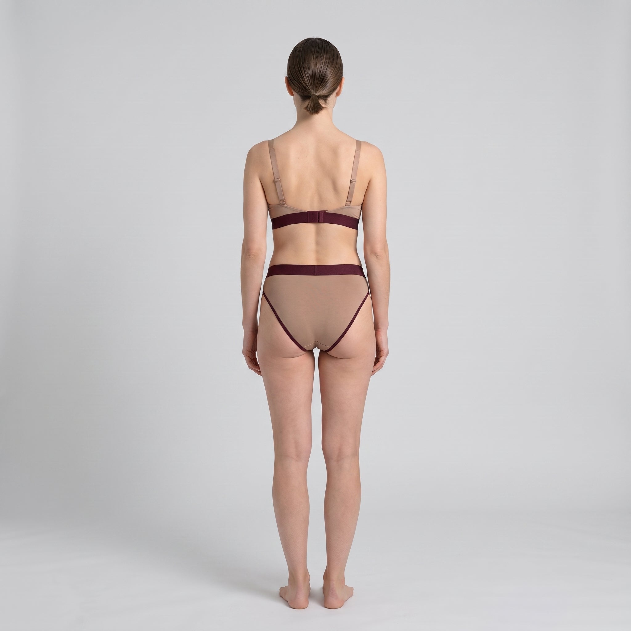 Triangle Bra + Elastic French Brief Set | Mocha with Wine Band, worn, back view