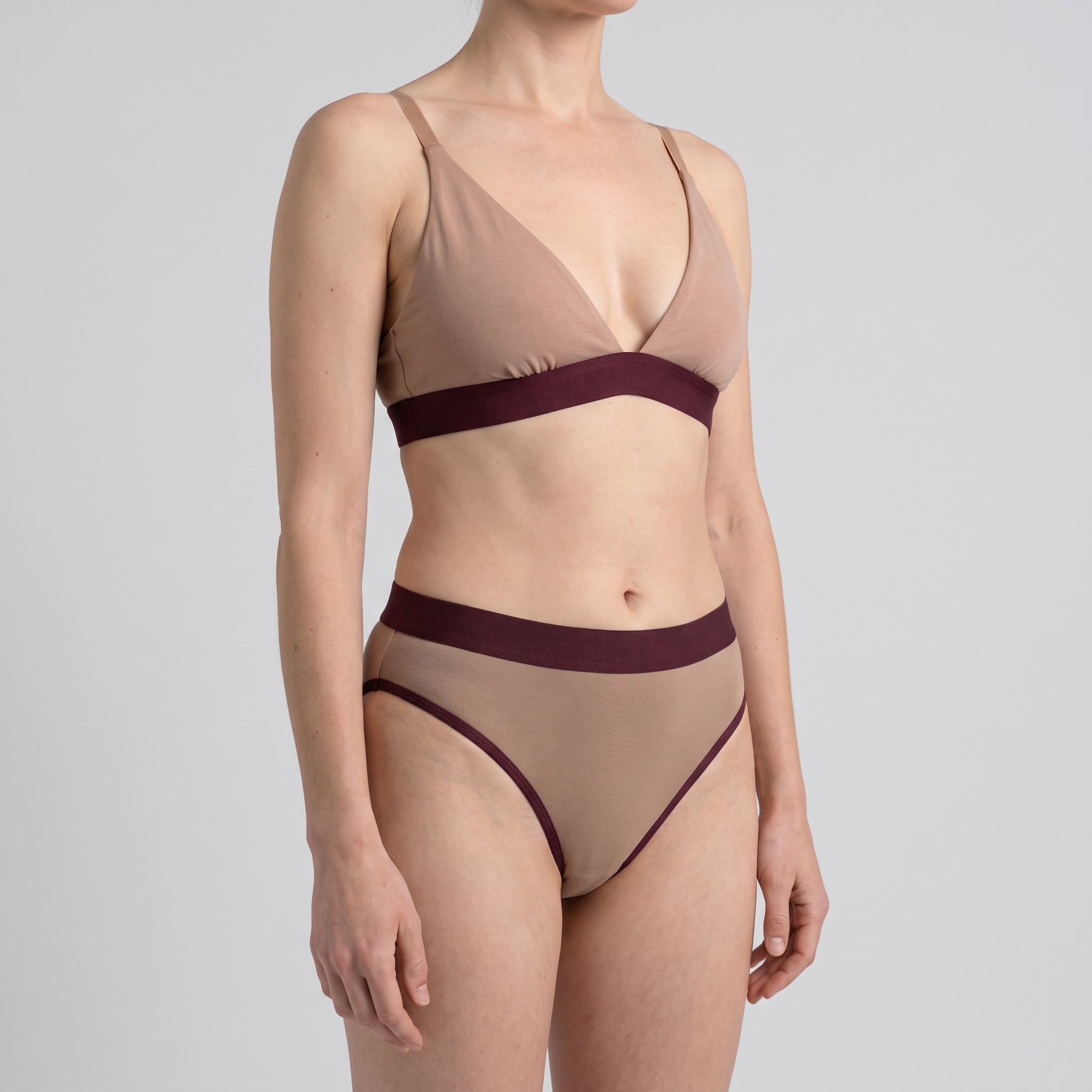 Triangle Bra + Elastic French Brief Set | Mocha with Wine Band, worn, close-up