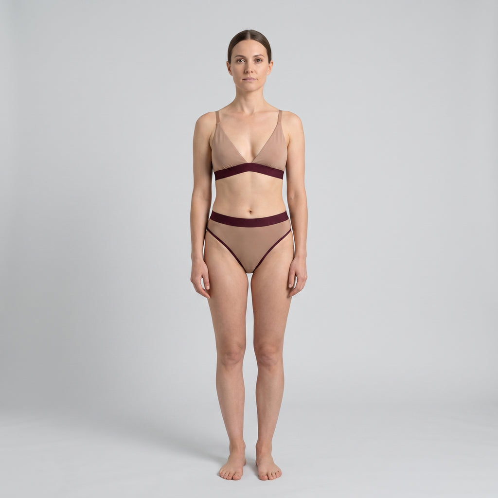 Triangle Bra + Elastic French Brief Set | Mocha with Wine Band, worn, front view