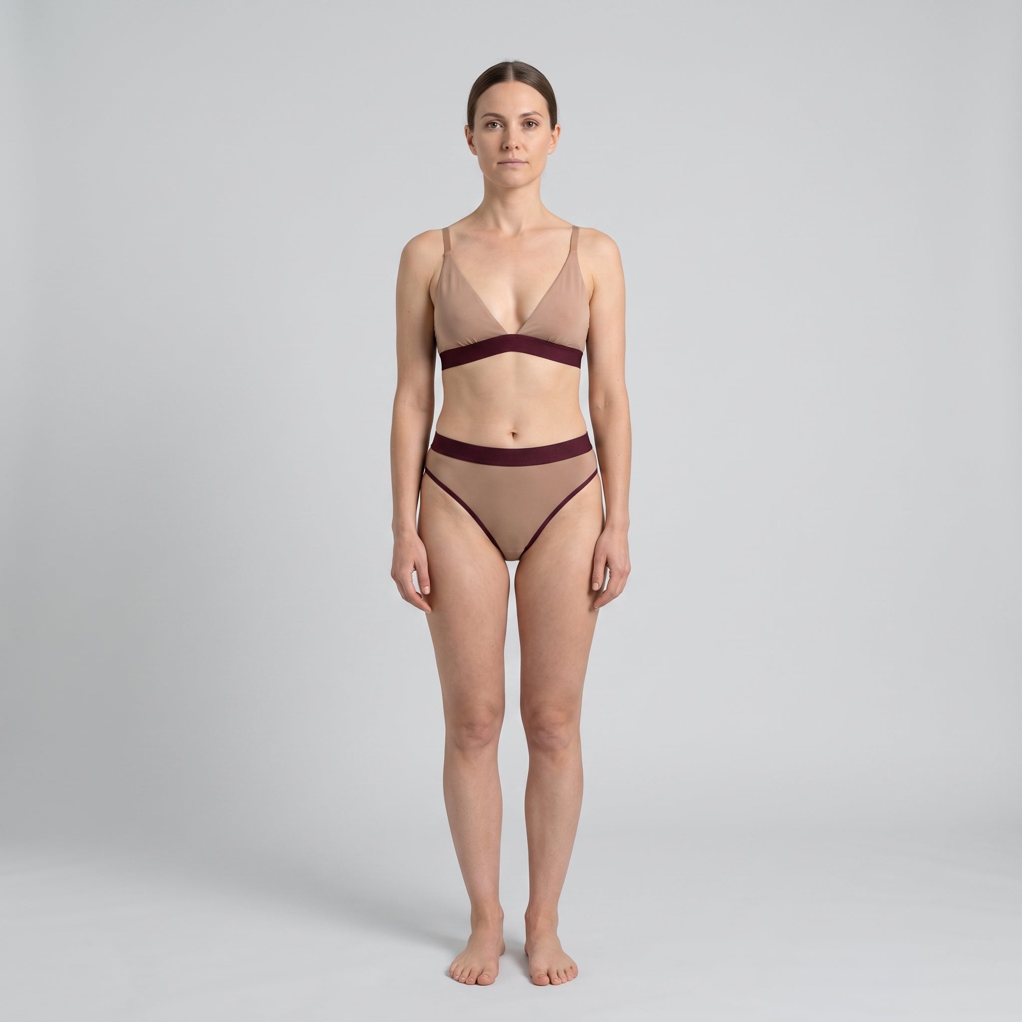 Triangle Bra + Elastic French Brief Set | Mocha with Wine Band, worn, front view