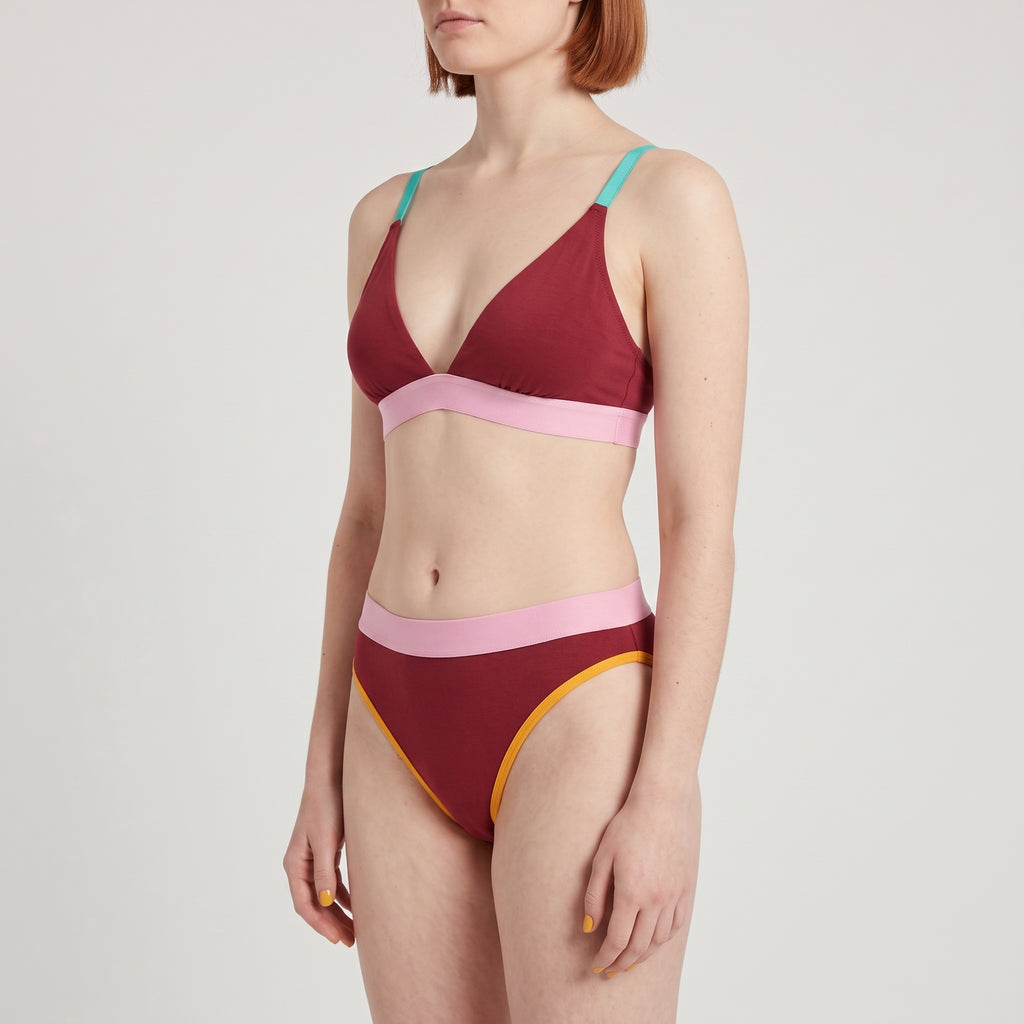Triangle Bra + Elastic French Brief Set | Multicolor, worn, close-up