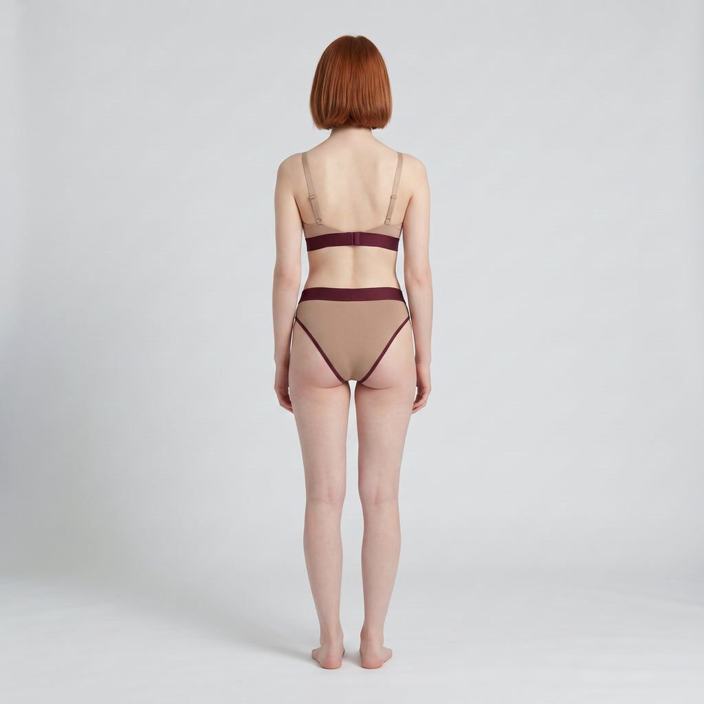 Triangle Bra + Elastic Thong Set | Mocha with Wine Band, worn, back view