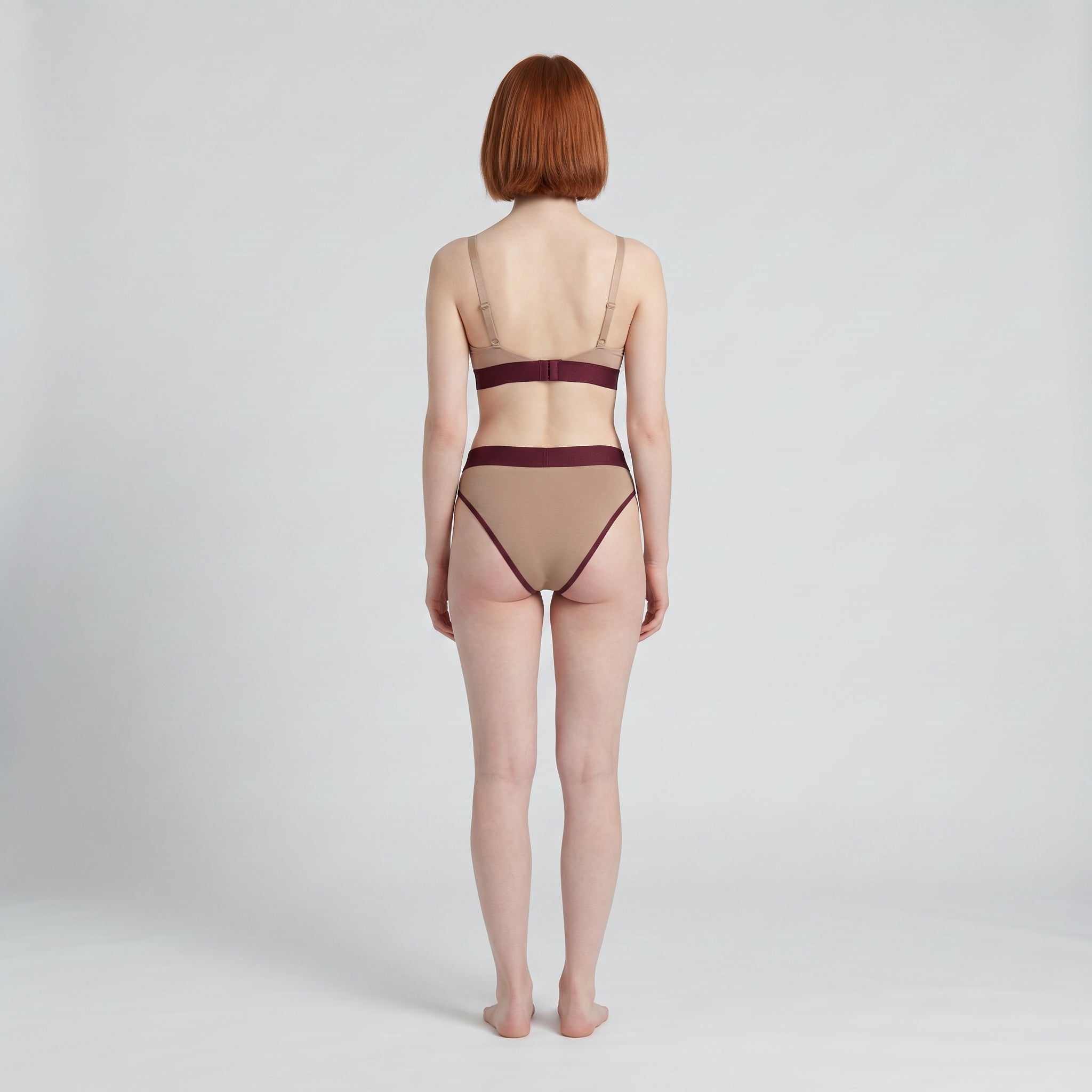 Triangle Bra + Elastic Thong Set | Mocha with Wine Band, worn, back view