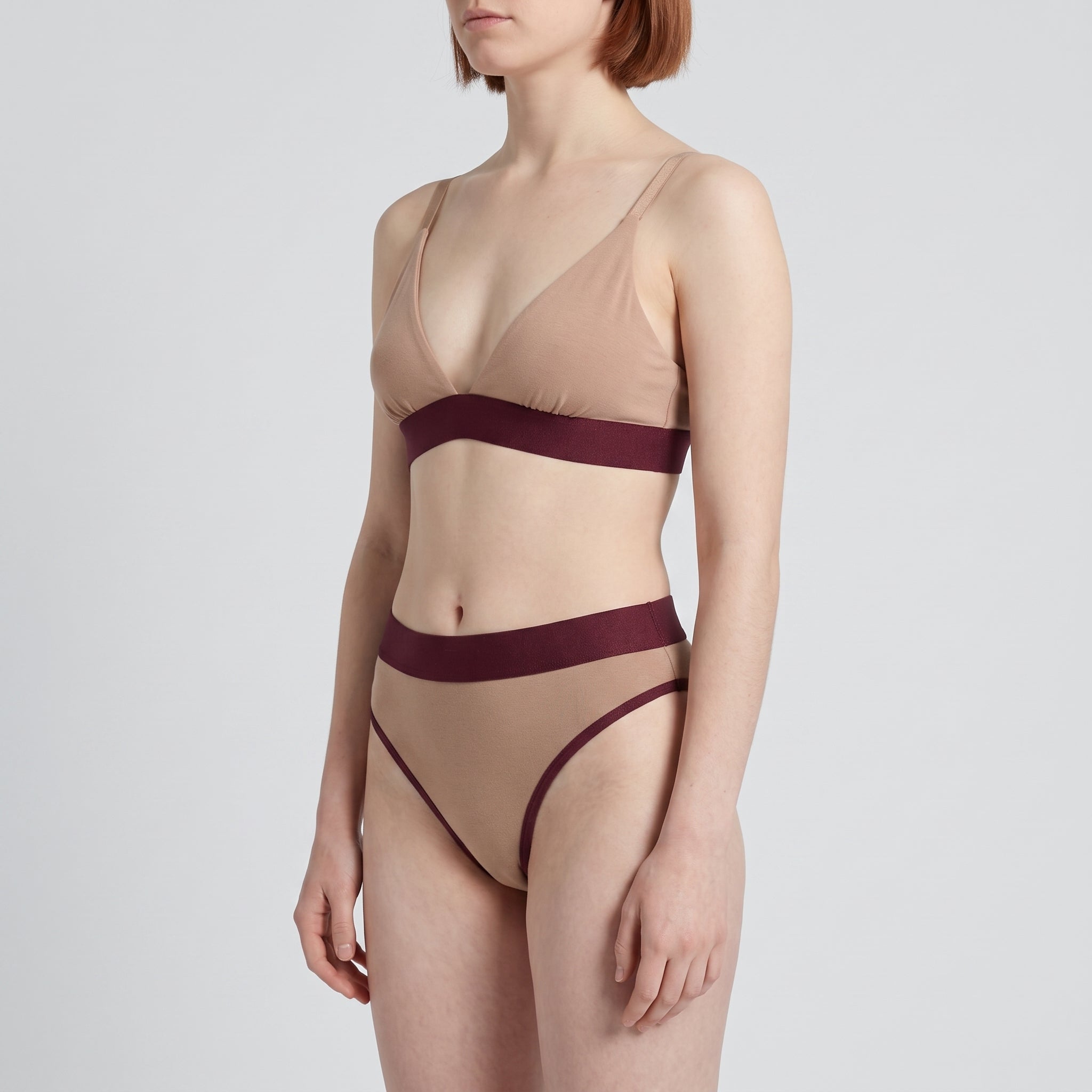 Triangle Bra + Elastic Thong Set | Mocha with Wine Band, worn, close-up