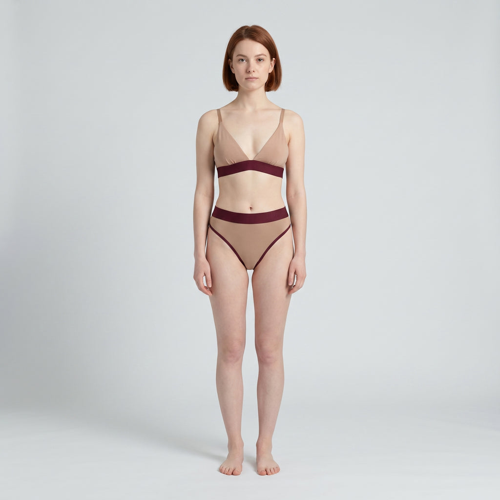 Triangle Bra + Elastic Thong Set | Mocha with Wine Band, worn, front view