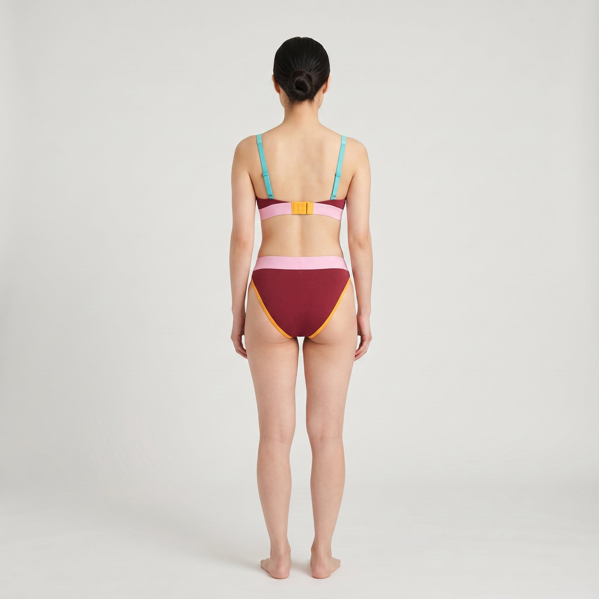 Triangle Bra + Elastic Thong Set | Multicolor, worn, back view