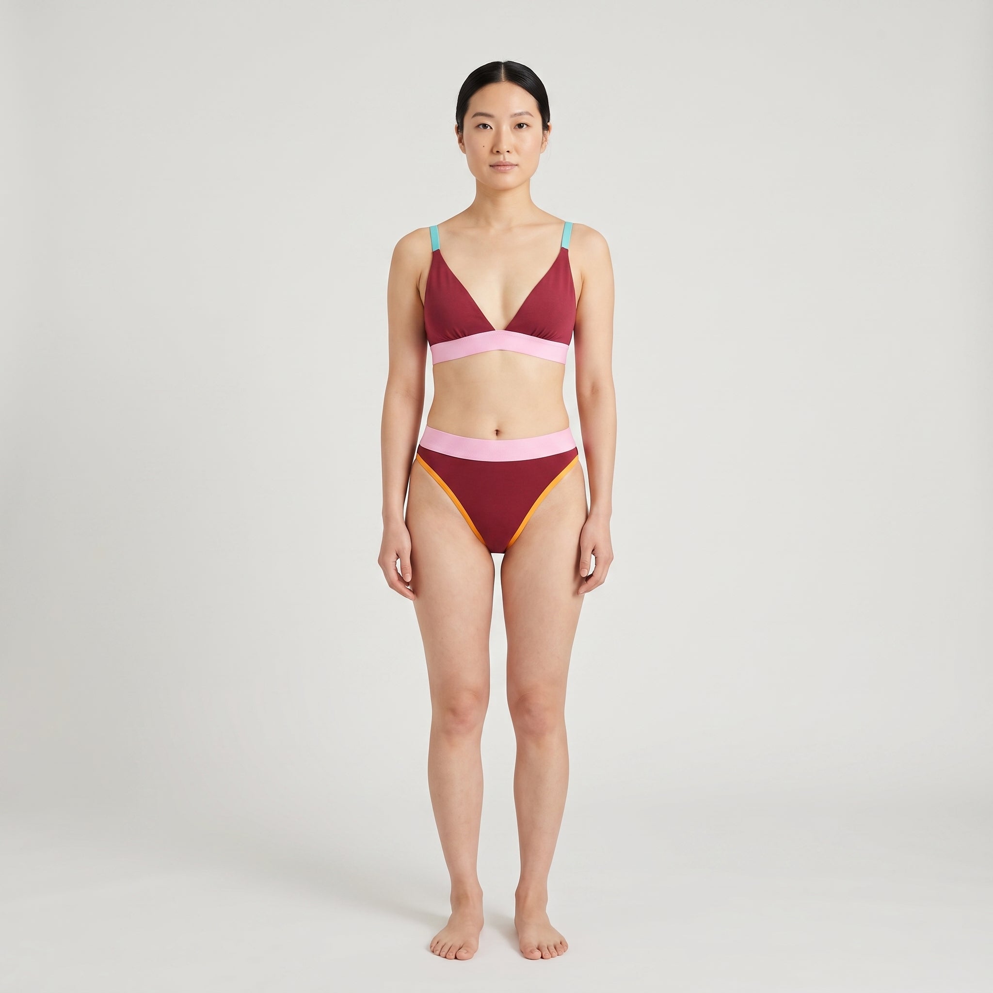 Triangle Bra + Elastic Thong Set | Multicolor, worn, front view
