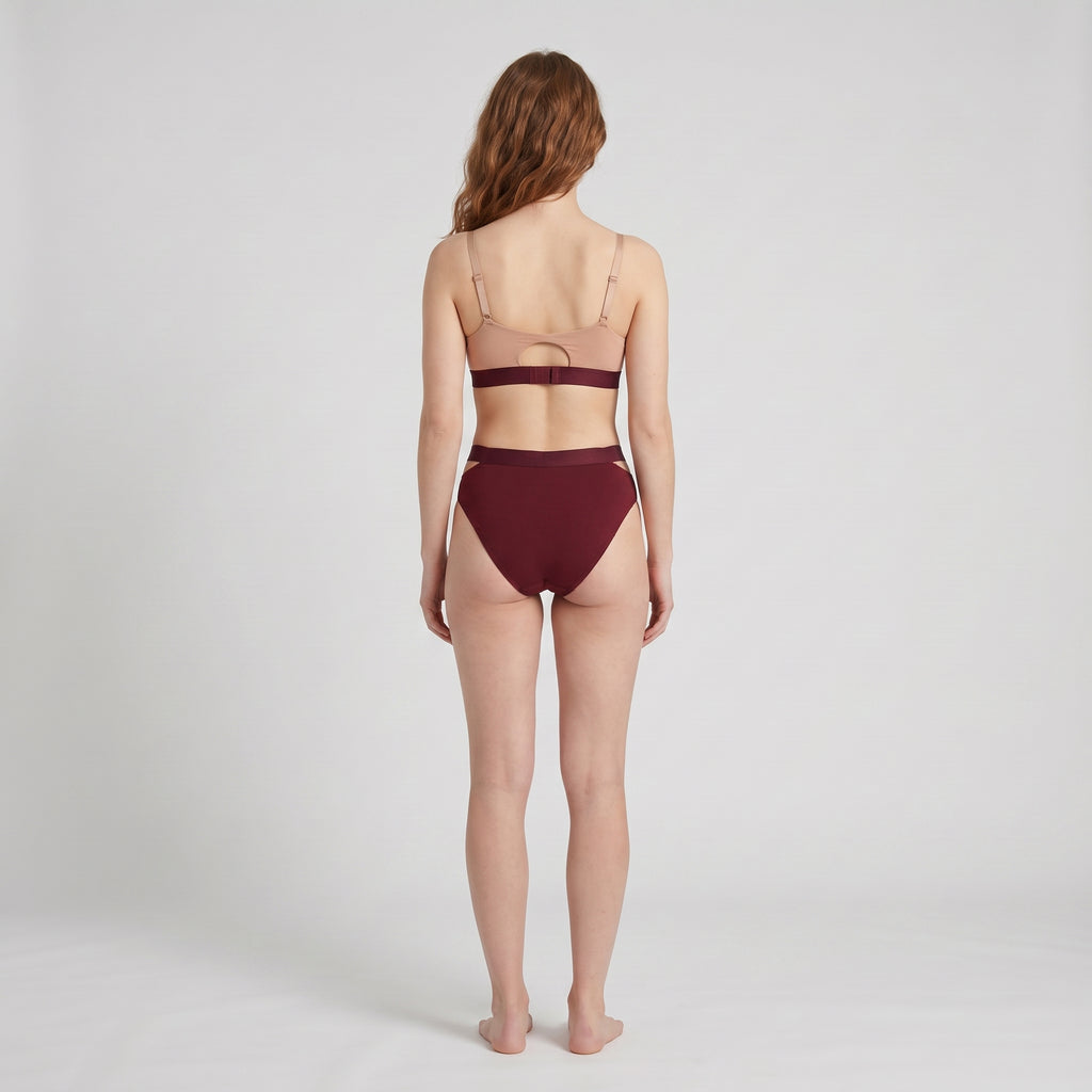 Triangle Bra | Mocha with Wine Band, worn, back view