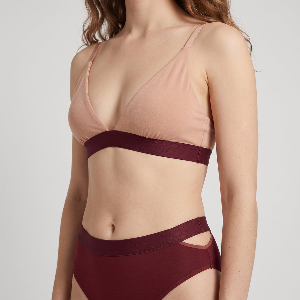 Triangle Bra | Mocha with Wine Band, worn, close-up