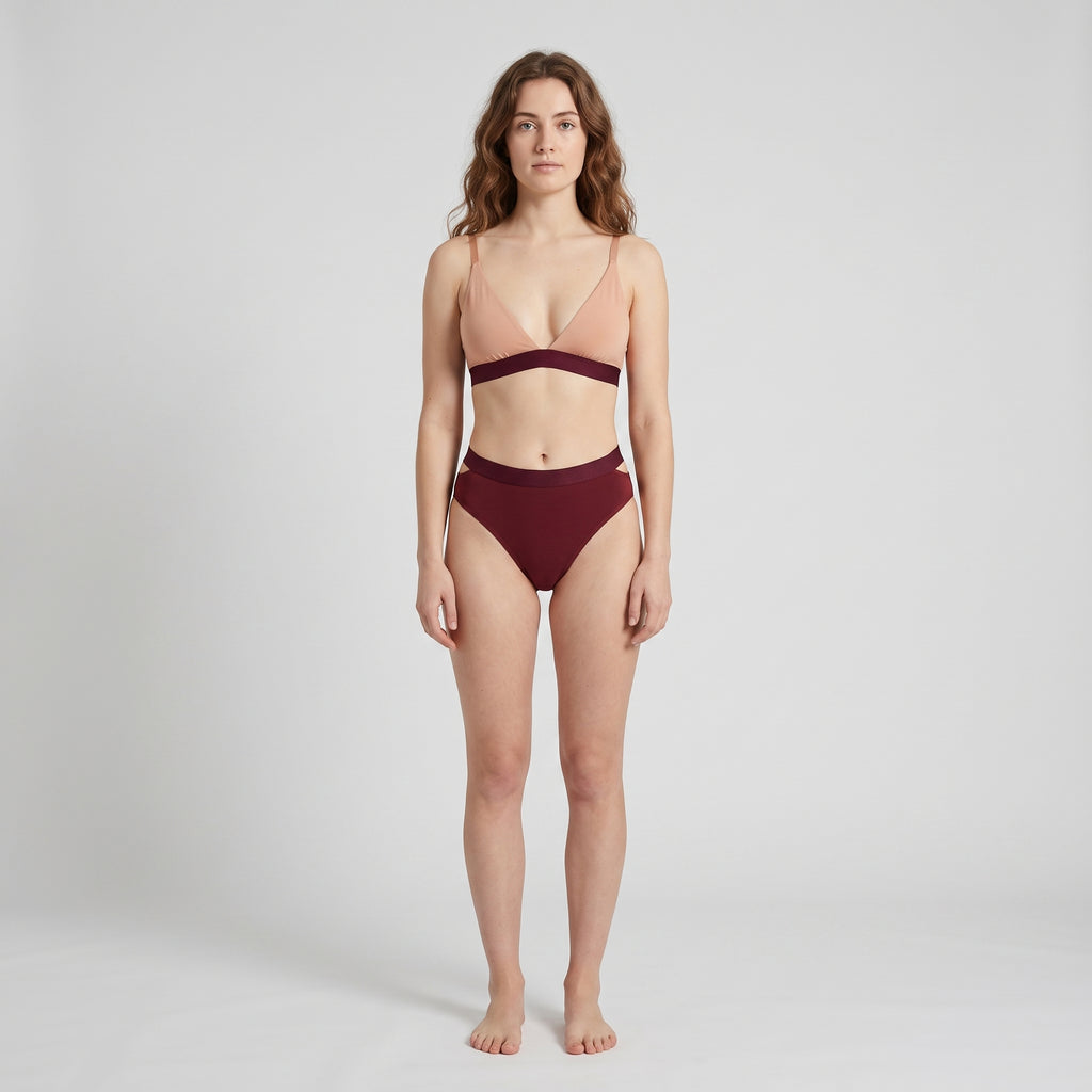 Triangle Bra | Mocha with Wine Band, worn, front view