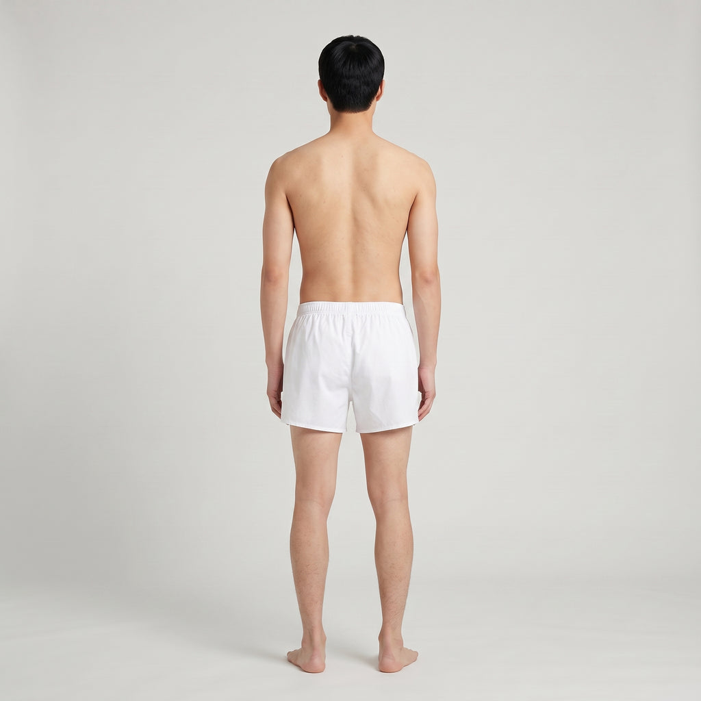 Unisex Cotton Boxer | Blue, Brick Red & White, worn, back view, second colourway
