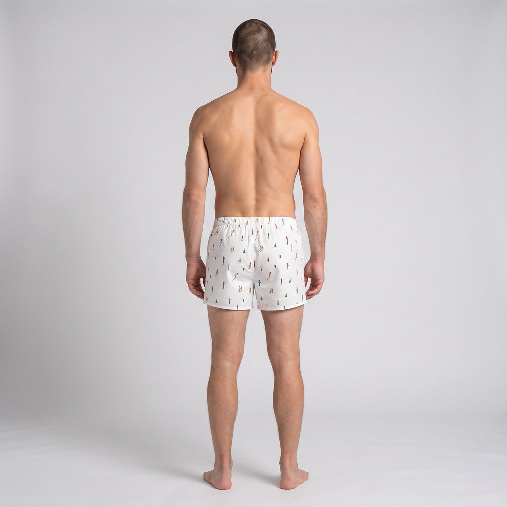 Unisex Cotton Boxer | KAYA x Mulehet | White, Blue & Brick Red, worn, back view, second colourway
