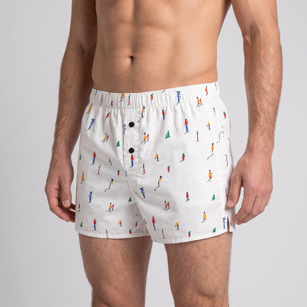 Unisex Cotton Boxer | KAYA x Mulehet | White, Blue & Brick Red, worn, close-up, second colourway